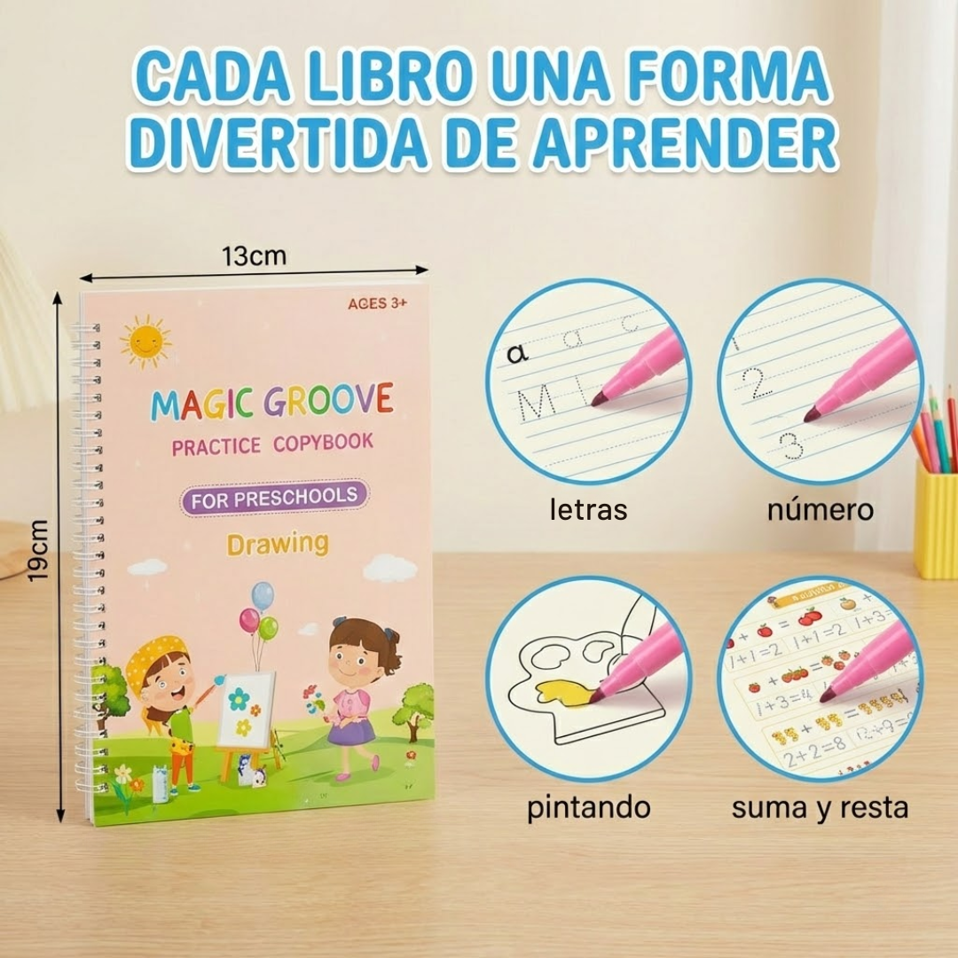 MagicGroove™: 4x3 Set de Libros de Caligrafía Reutilizable + Lapíz Mágico + Recarga de tintas