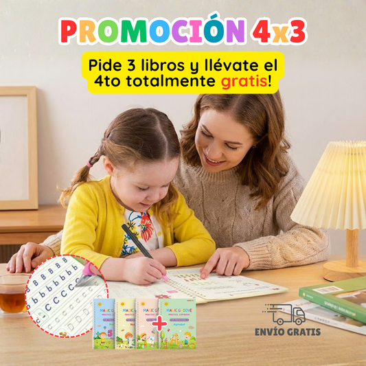 MagicGroove™: 4x3 Set de Libros de Caligrafía Reutilizable + Lapíz Mágico + Recarga de tintas