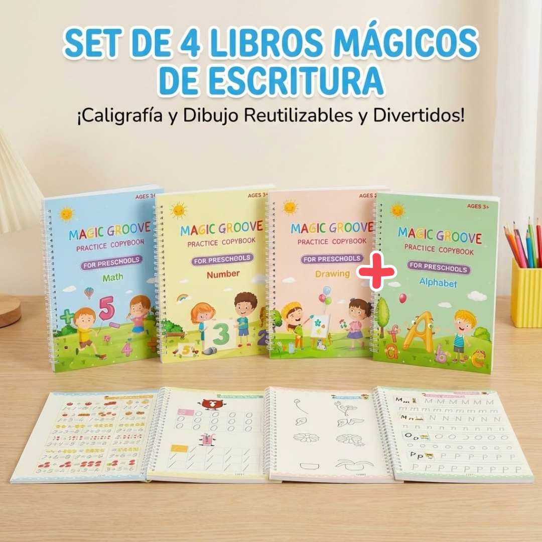 MagicGroove™: 4x3 Set de Libros de Caligrafía Reutilizable + Lapíz Mágico + Recarga de tintas