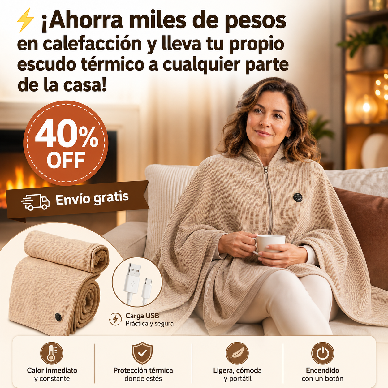 ThermoWrap 360™ - Manta Calefactora Eléctrica Carga USB