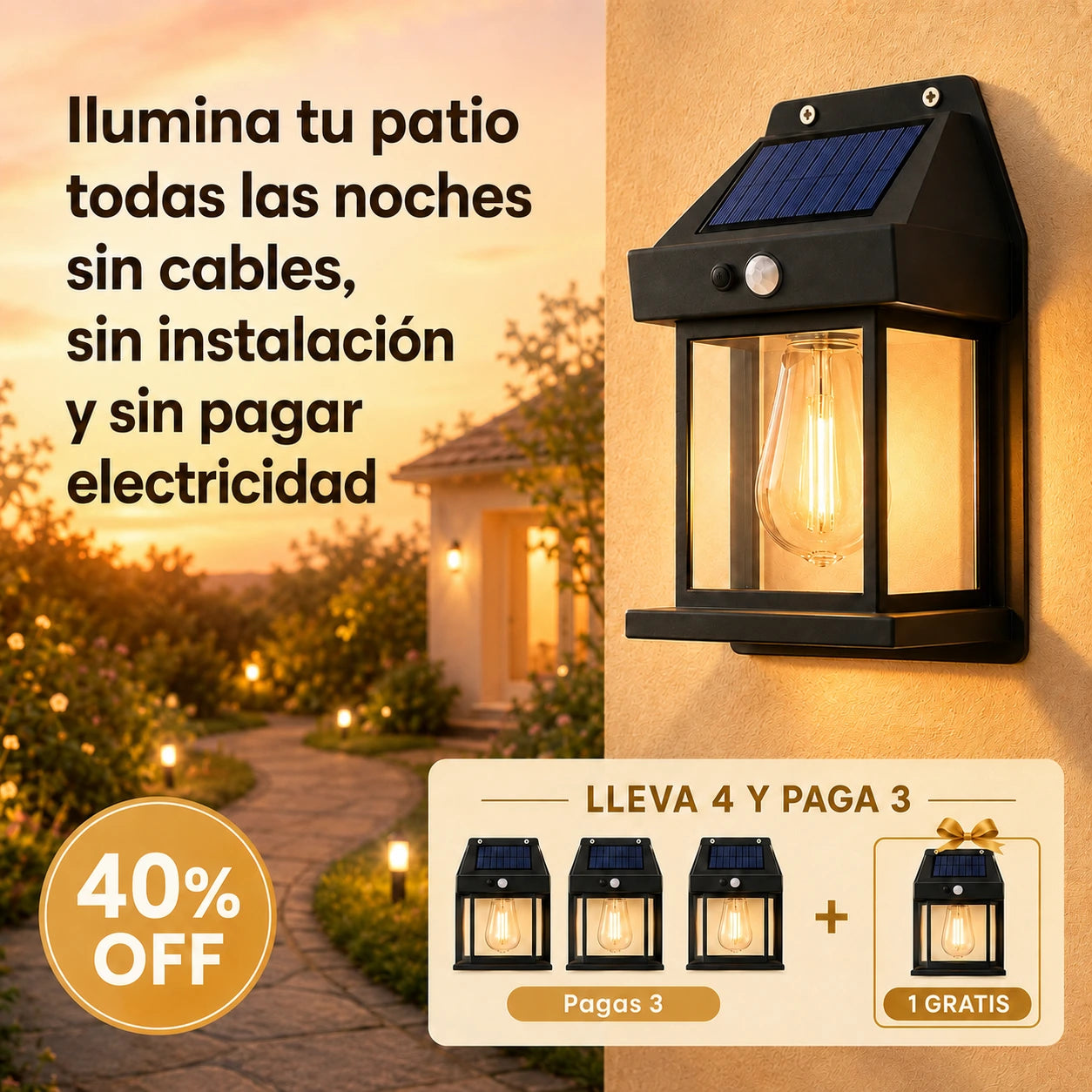 LumiGarden Vintage™ - Promo 4x3 Focos solares con sensor de movimiento