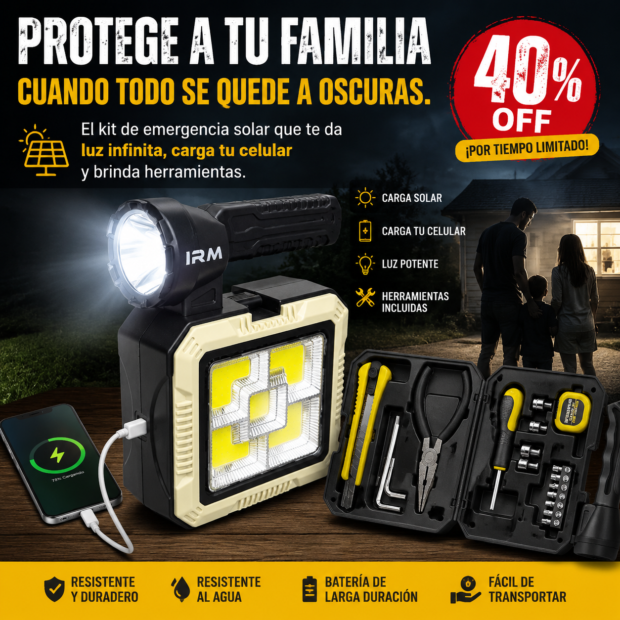 LumiTool™ - Linterna Carga Solar + Kit Herramientas